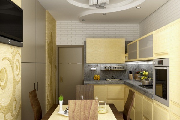 жёлтый угловой кухонный гарнитур на маленькой кухне